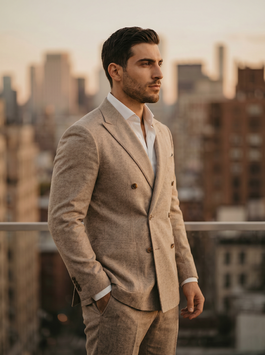 Beige Wool Double Breasted Suit — Custom Made to Measure - side view
