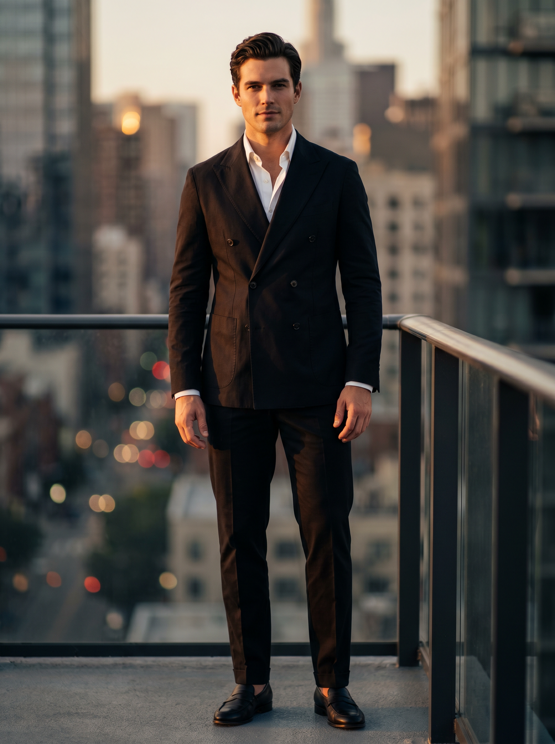 Black Cotton Double Breasted Suit — Custom Made to Measure - front view