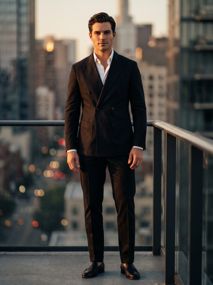 Black Cotton Double Breasted Suit — Custom Made to Measure - front view