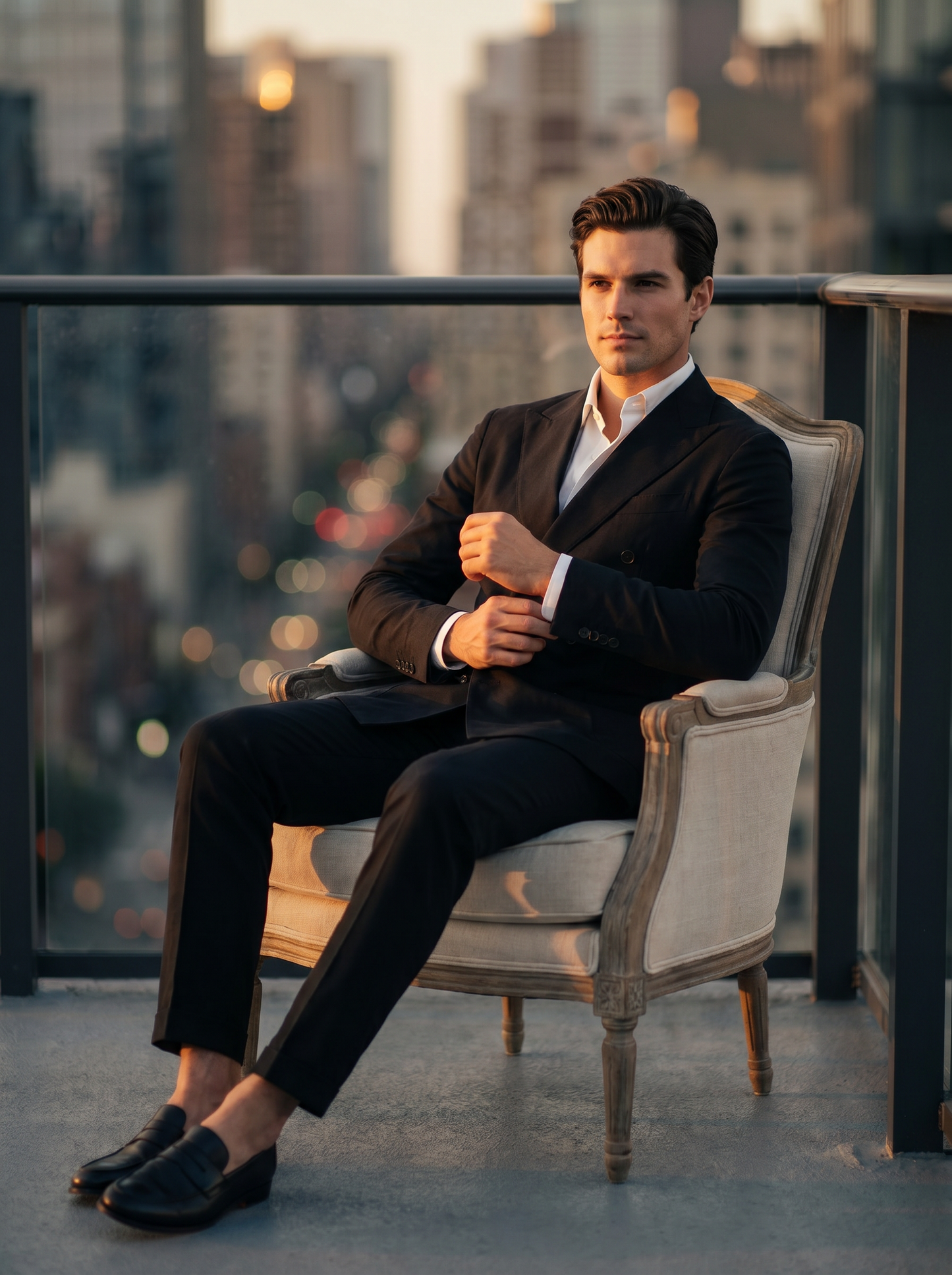 Black Cotton Double Breasted Suit — Custom Made to Measure - seated view