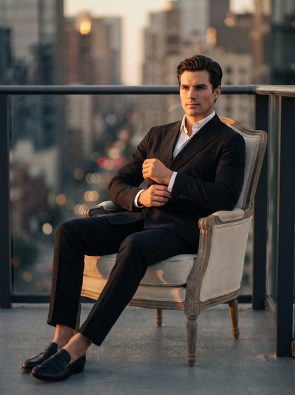 Black Cotton Double Breasted Suit — Custom Made to Measure - seated view