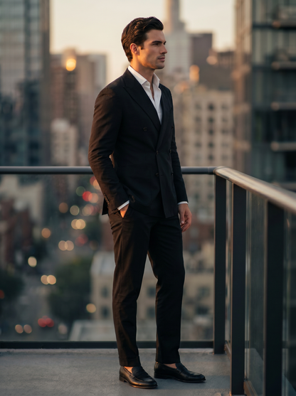 Black Cotton Double Breasted Suit — Custom Made to Measure - side view