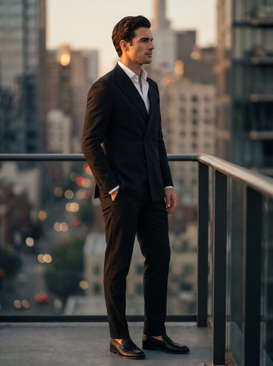Black Cotton Double Breasted Suit — Custom Made to Measure - side view