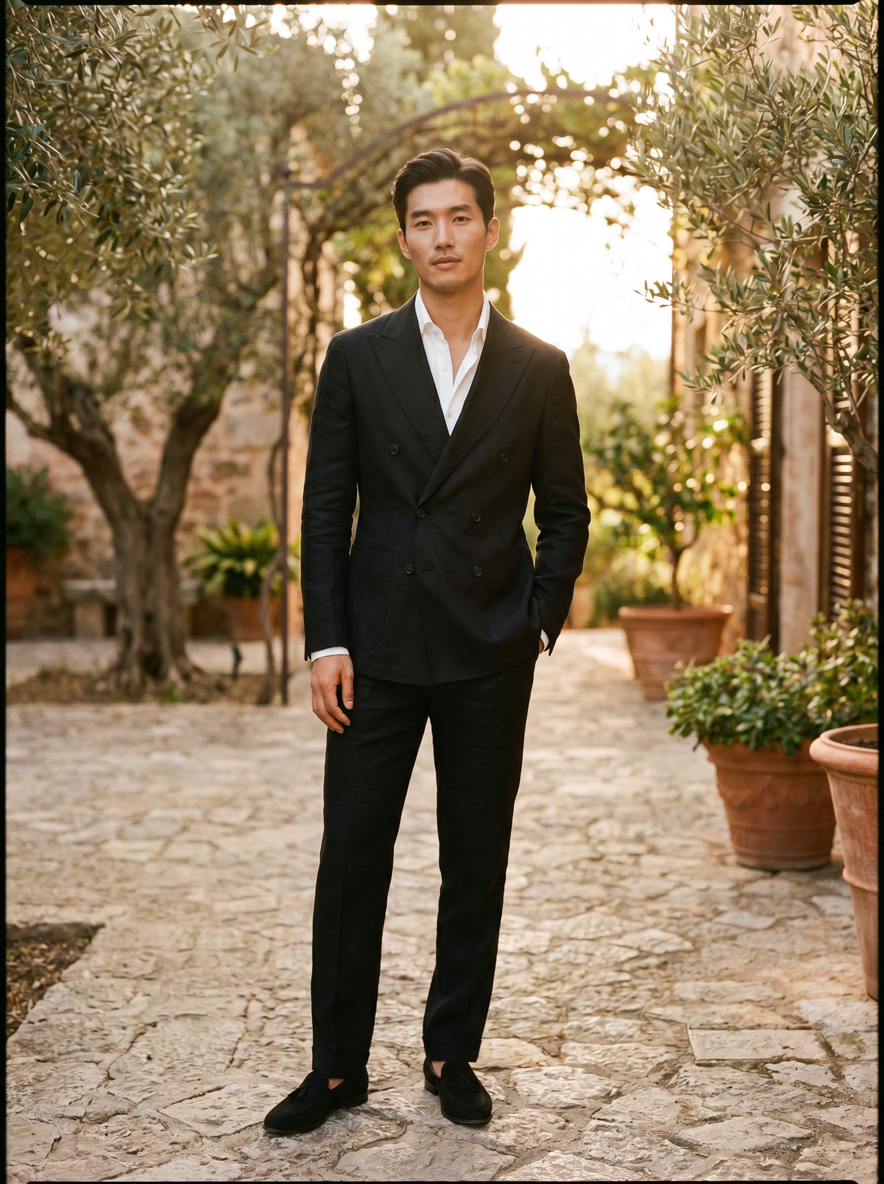 Black Linen Double Breasted Suit — Custom Made to Measure - front view