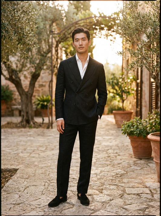 Black Linen Double Breasted Suit — Custom Made to Measure - front view