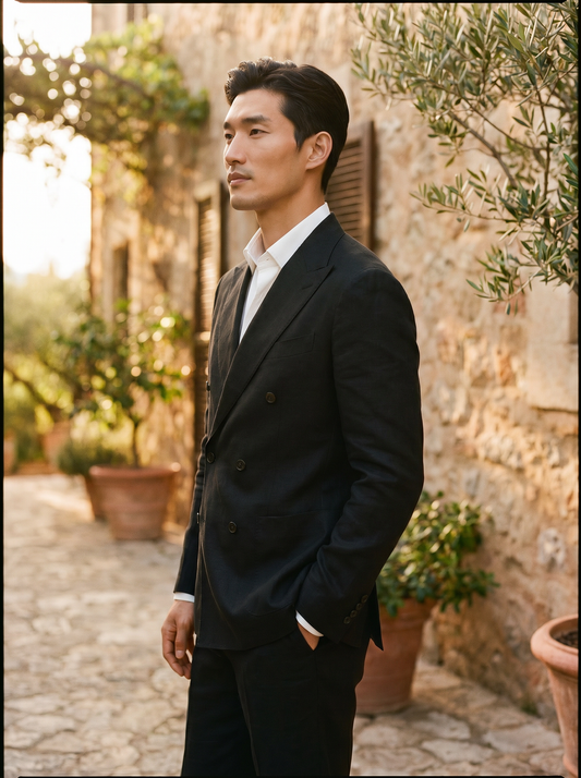 Black Linen Double Breasted Suit — Custom Made to Measure - side view