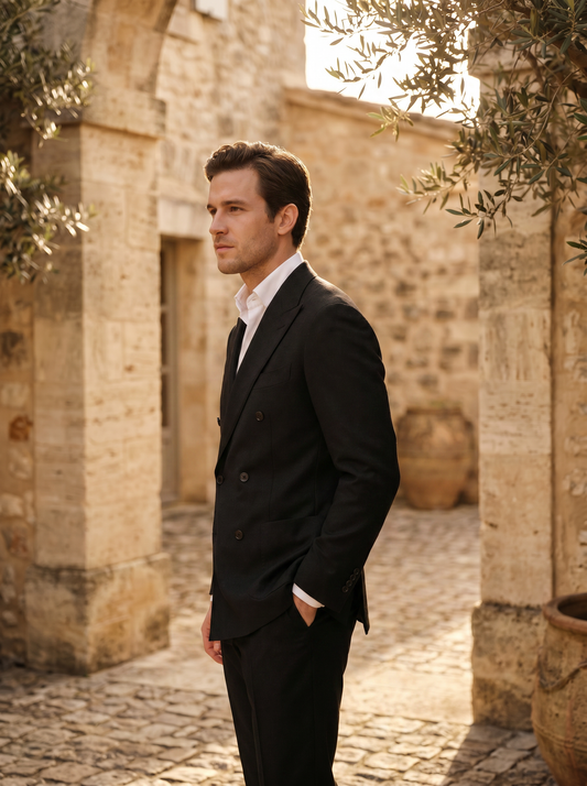 Black Wool Double Breasted Suit — Custom Made to Measure - side view