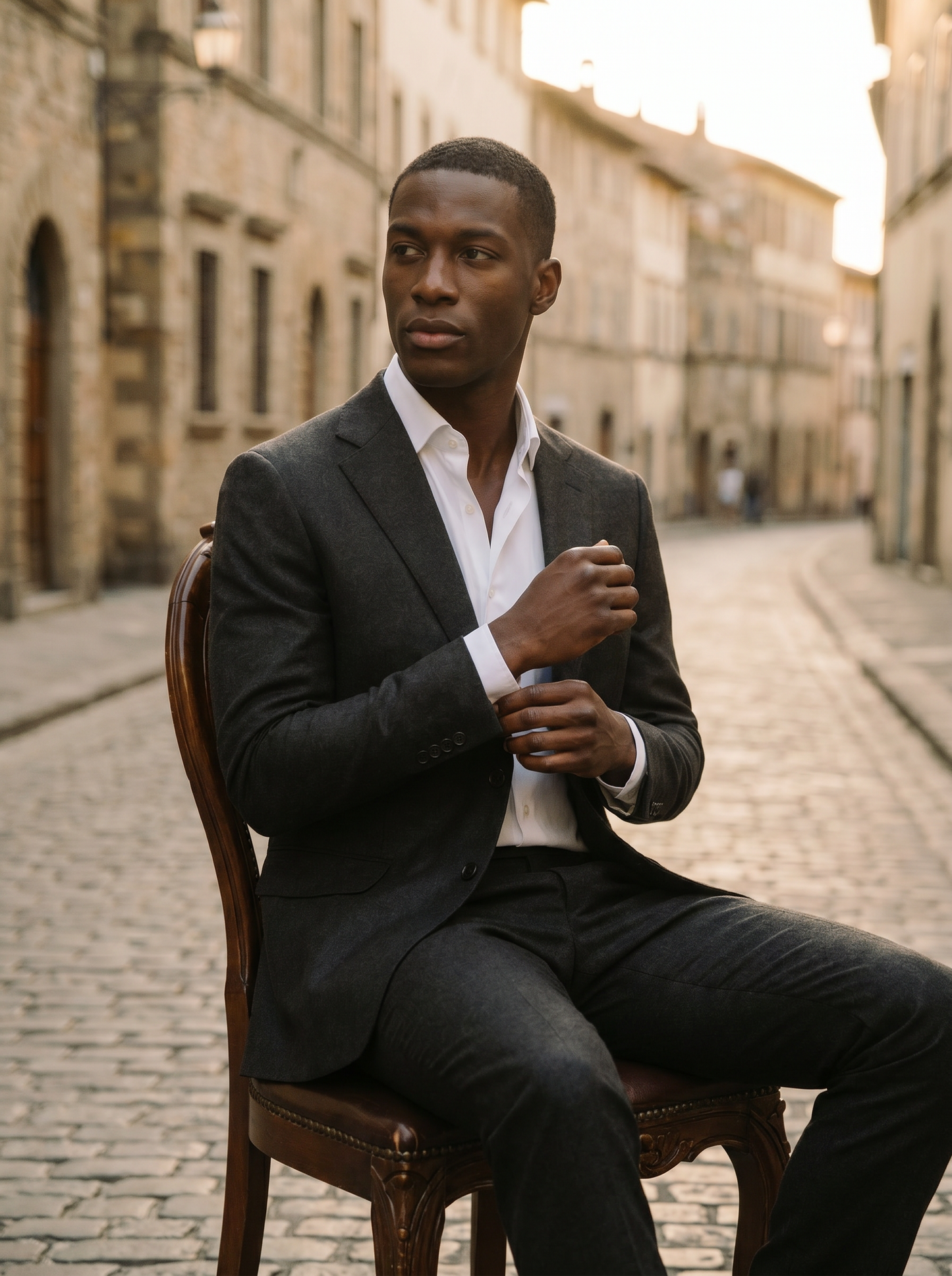 Black Wool Groomsmen Suit — Custom Made to Measure - seated view
