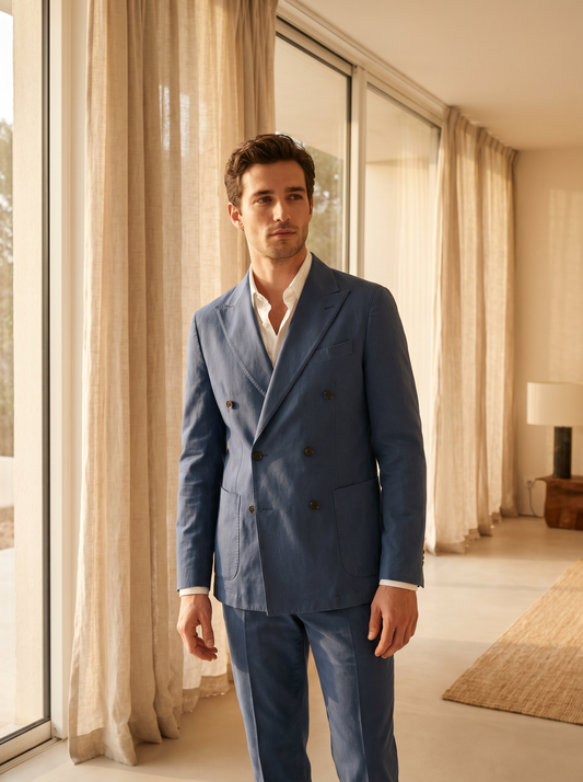 Blue Cotton Double Breasted Suit — Custom Made to Measure - front view