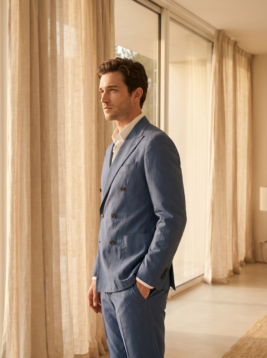 Blue Cotton Double Breasted Suit — Custom Made to Measure - side view