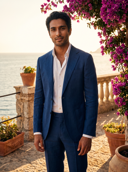 Blue Linen Groomsmen Suit — Custom Made to Measure - front view