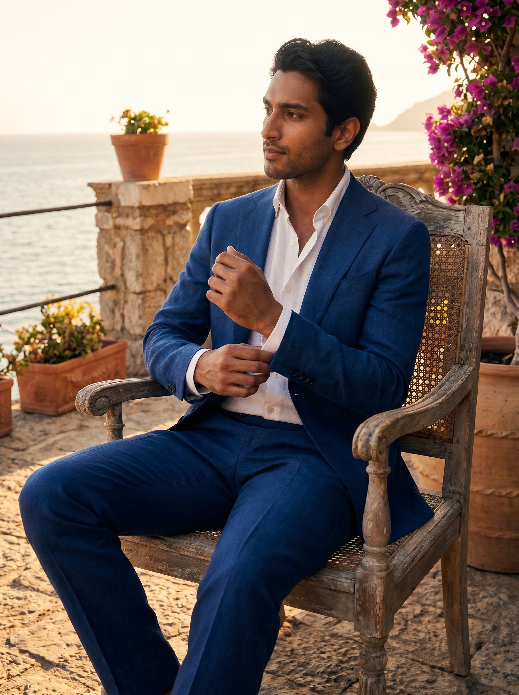 Blue Linen Groomsmen Suit — Custom Made to Measure - seated view