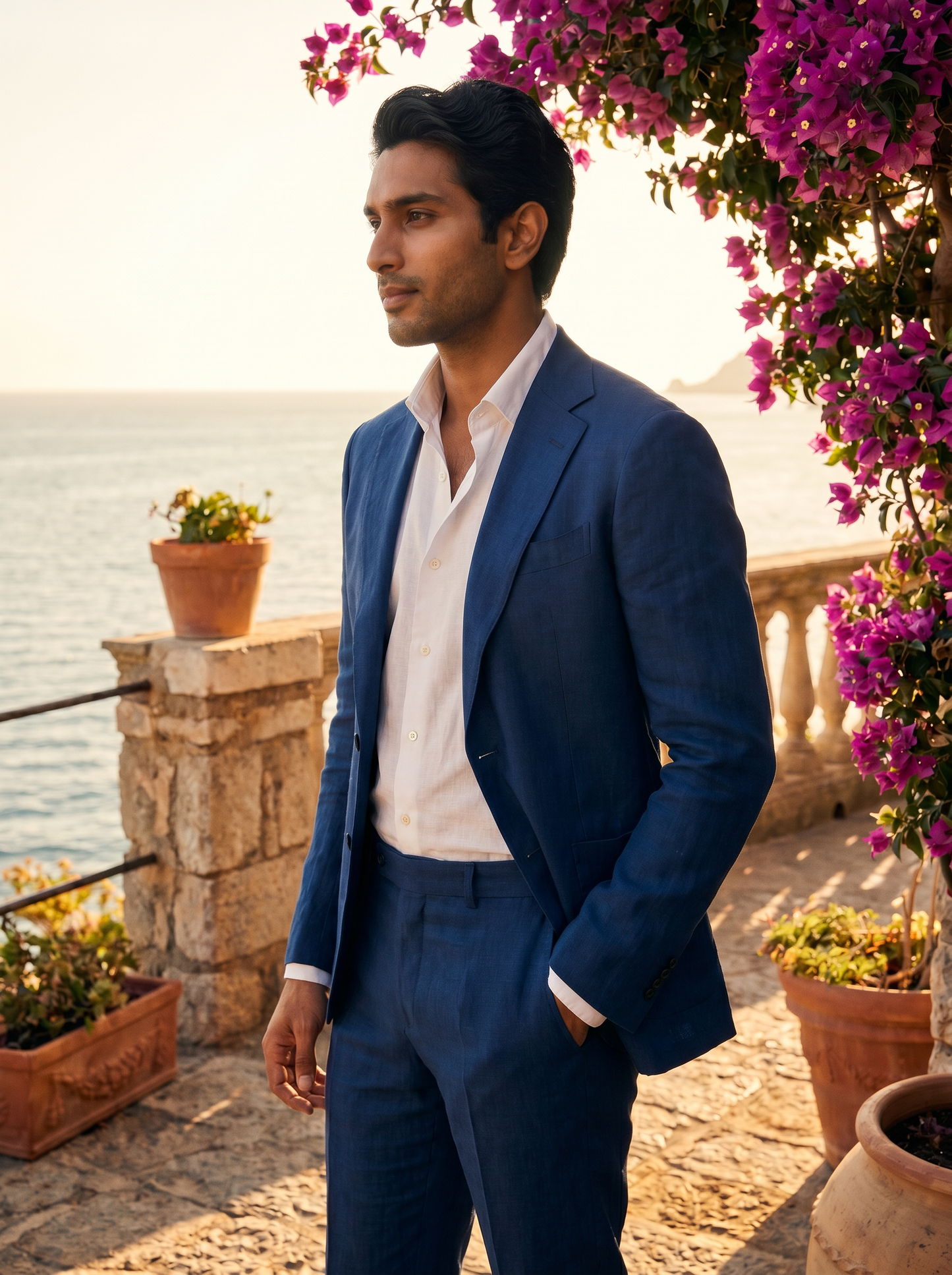 Blue Linen Groomsmen Suit — Custom Made to Measure - side view