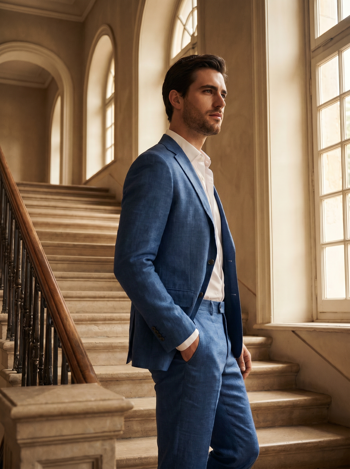 Blue Linen Suit — Custom Made to Measure - side view