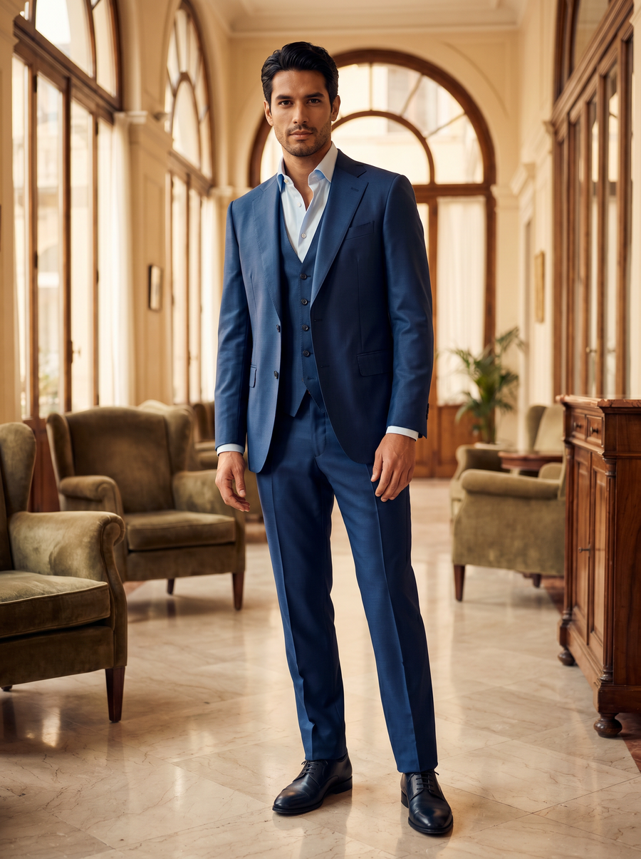 Blue Silk Blend 3-Piece Suit — Custom Made to Measure