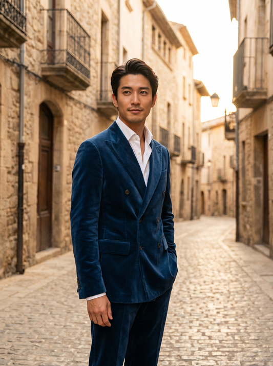 Blue Velvet Double Breasted Suit — Custom Made to Measure - front view