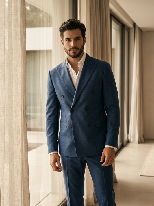 Blue Wool Double Breasted Suit — Custom Made to Measure - front view