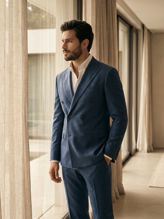 Blue Wool Double Breasted Suit — Custom Made to Measure - side view