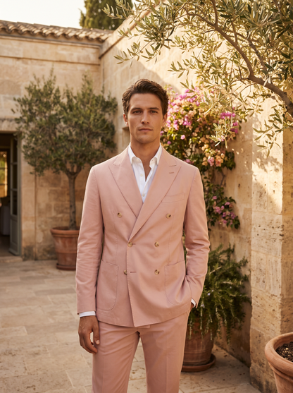 Blush Pink Cotton Double Breasted Suit — Custom Made to Measure - front view