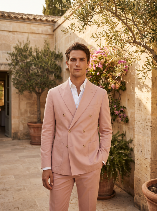 Blush Pink Cotton Double Breasted Suit — Custom Made to Measure - front view