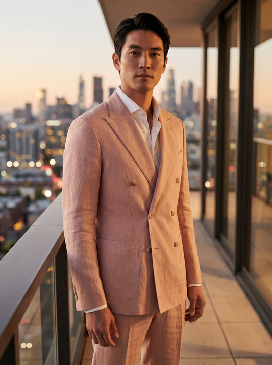 Blush Pink Linen Double Breasted Suit — Custom Made to Measure - front view