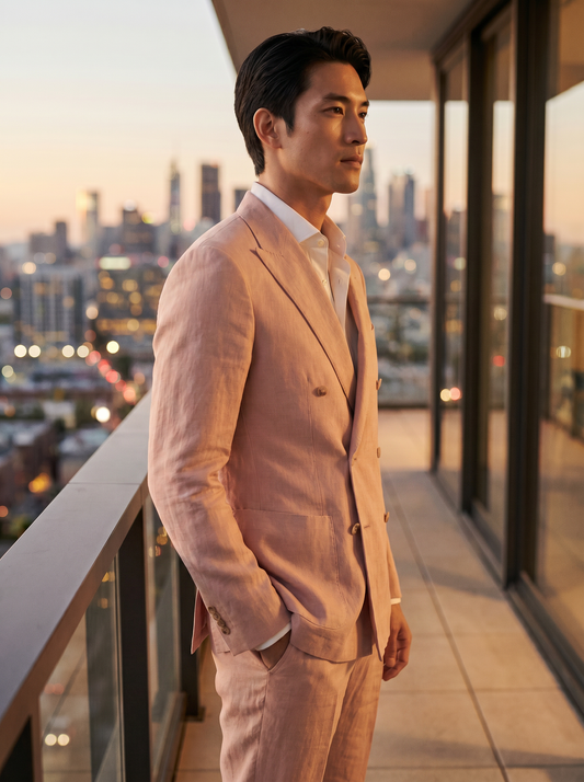 Blush Pink Linen Double Breasted Suit — Custom Made to Measure - side view