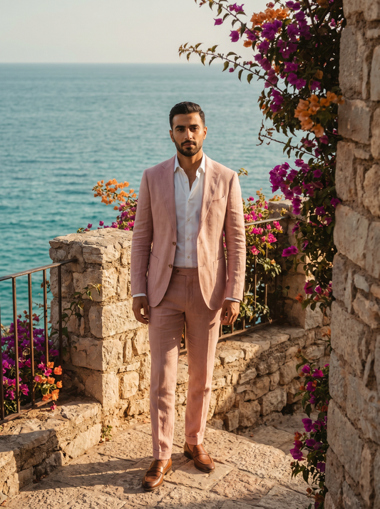Blush Pink Linen Groomsmen Suit — Custom Made to Measure - front view