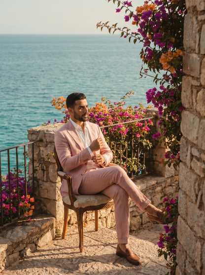 Blush Pink Linen Groomsmen Suit — Custom Made to Measure - seated view