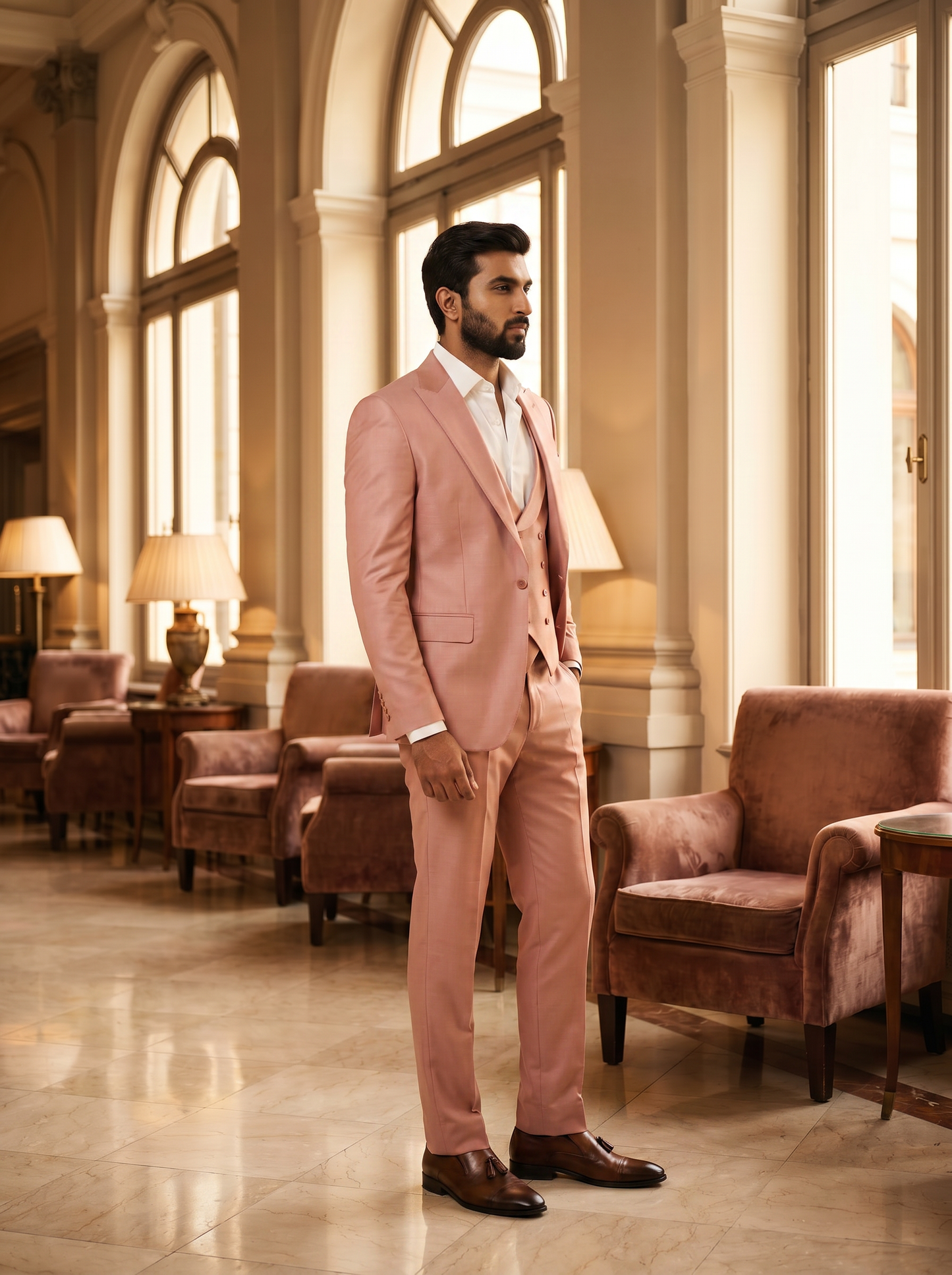 Blush Pink Silk Blend 3-Piece Suit — Custom Made to Measure - side view