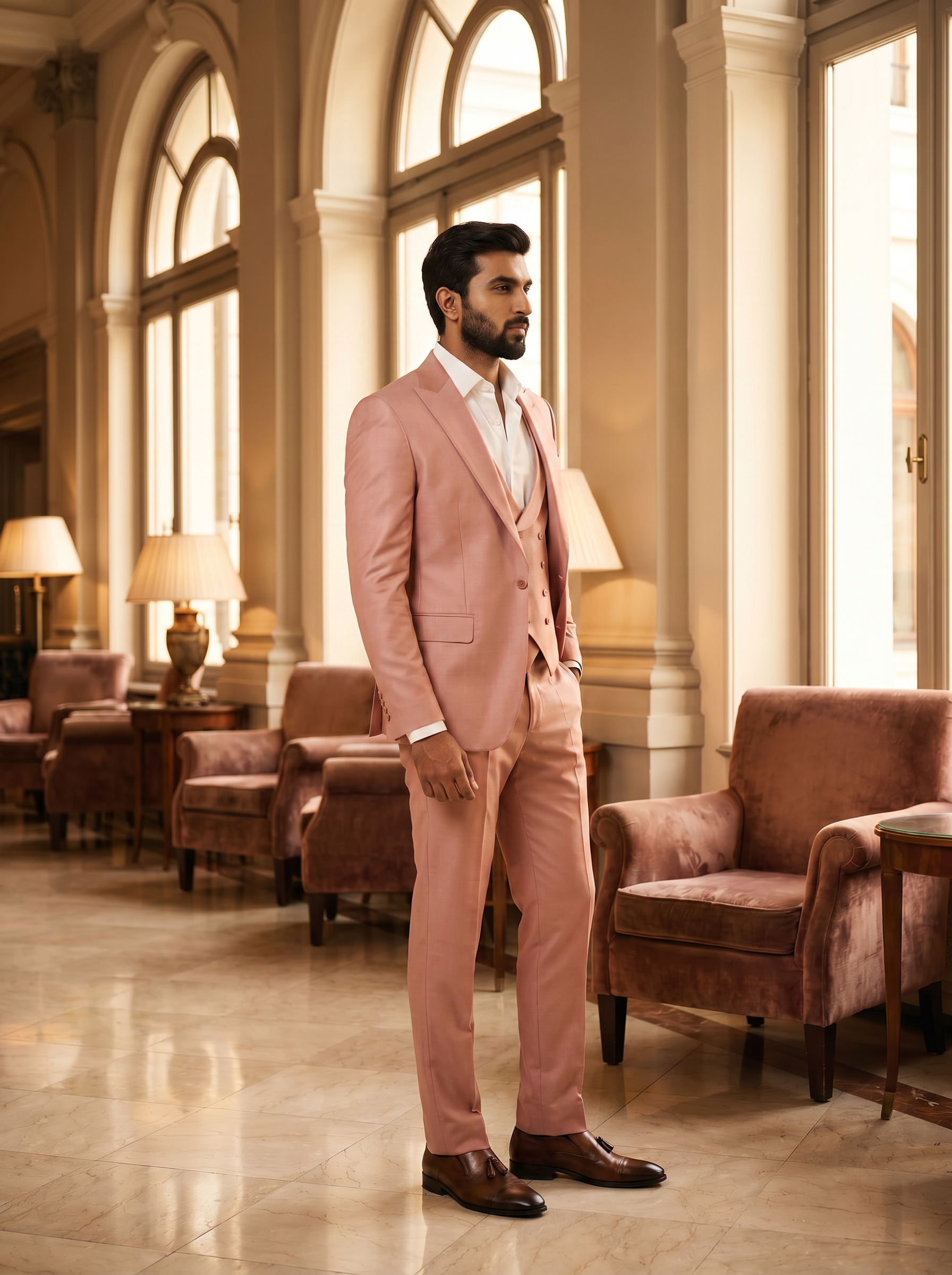 Blush Pink Silk Blend 3-Piece Suit — Custom Made to Measure - side view