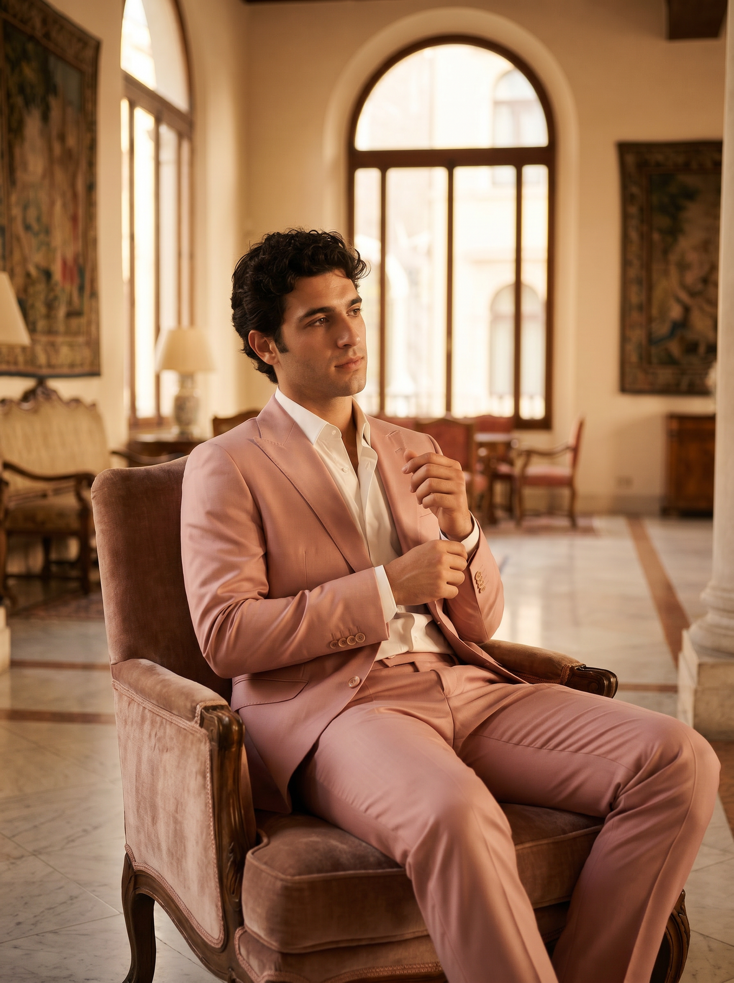 Blush Pink Silk Blend Suit — Custom Made to Measure - seated view