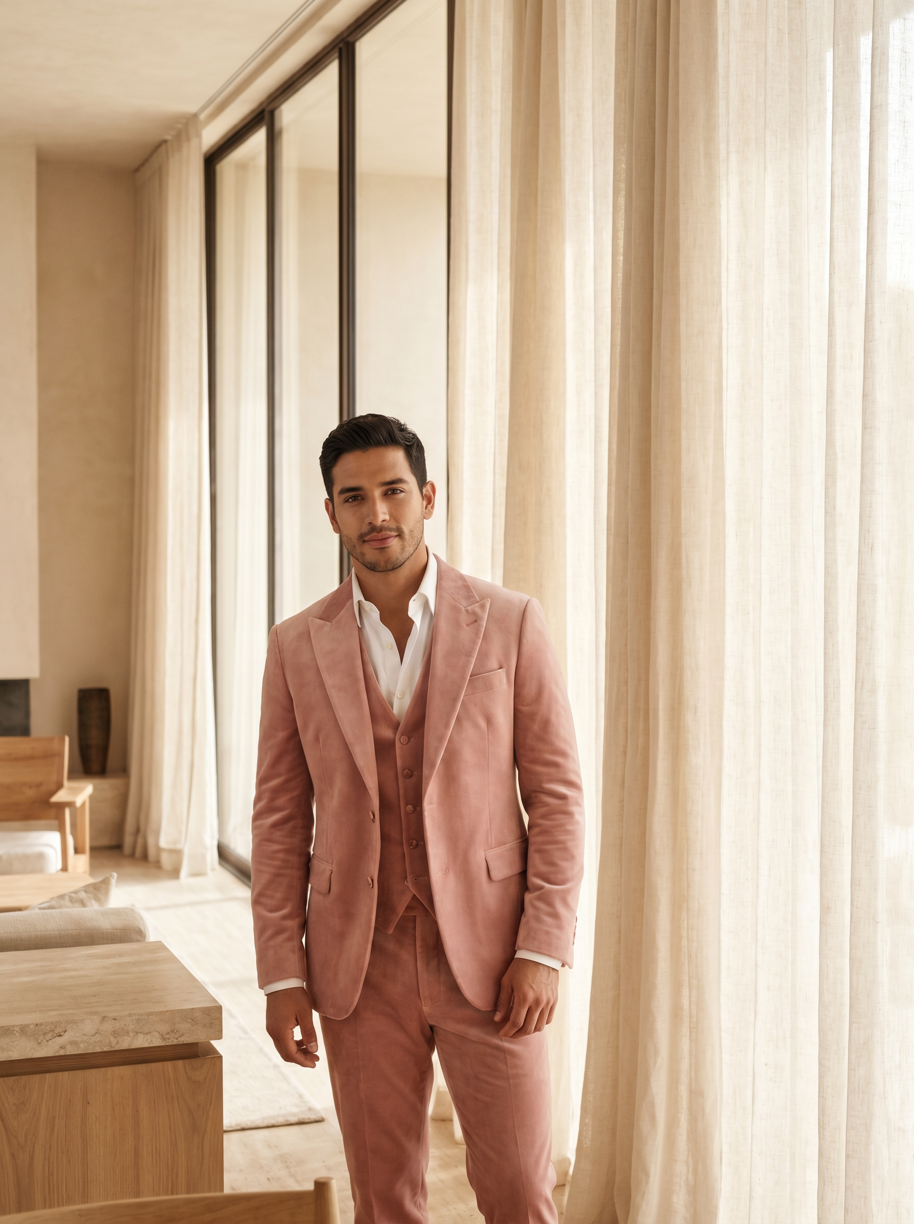 Blush Pink Velvet 3-Piece Suit — Custom Made to Measure - front view