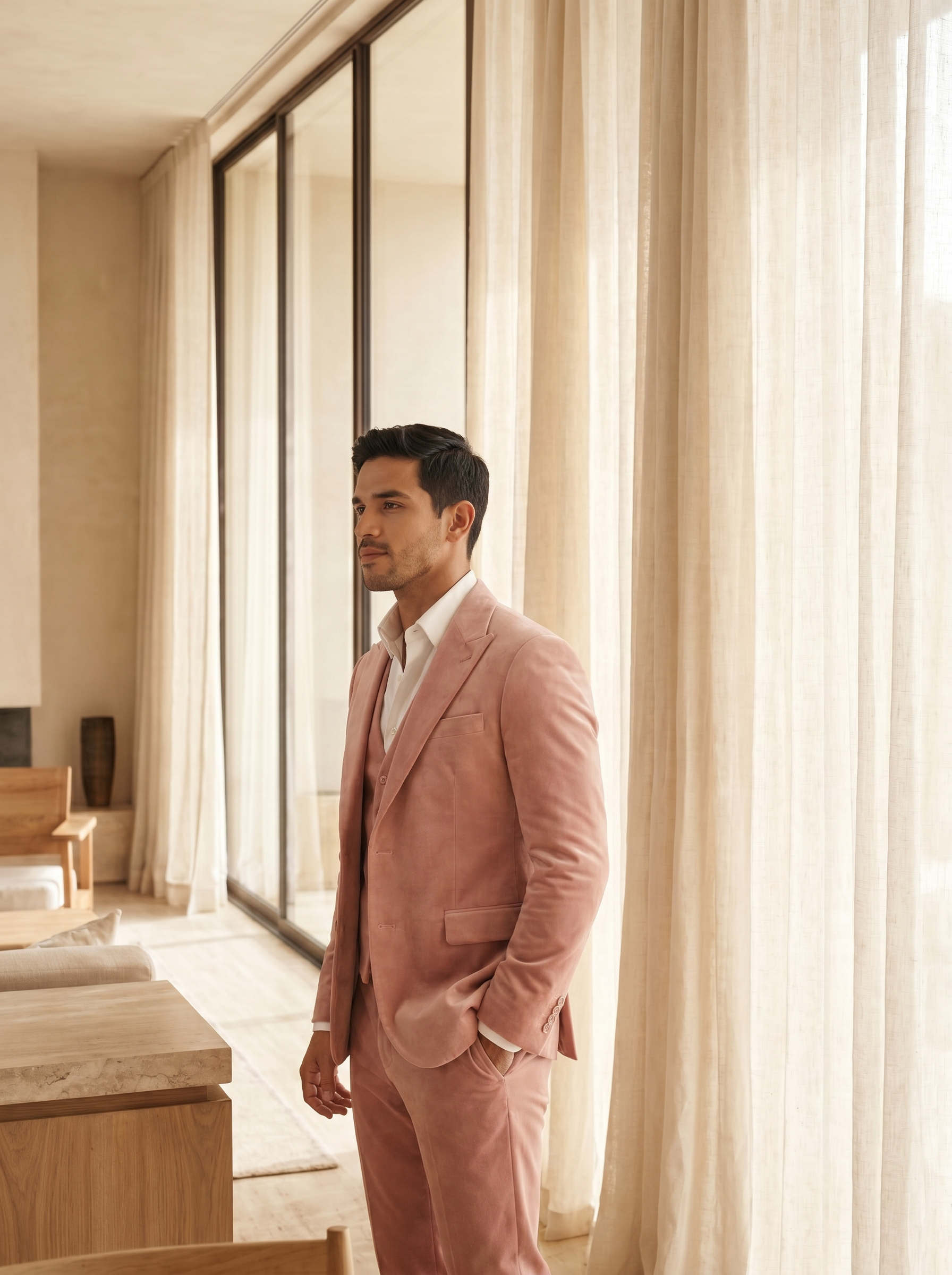 Blush Pink Velvet 3-Piece Suit — Custom Made to Measure - side view