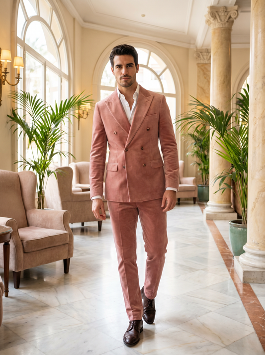 Blush Pink Velvet Double Breasted Suit — Custom Made to Measure - front view