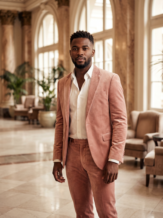 Blush Pink Velvet Groomsmen Suit — Custom Made to Measure - front view