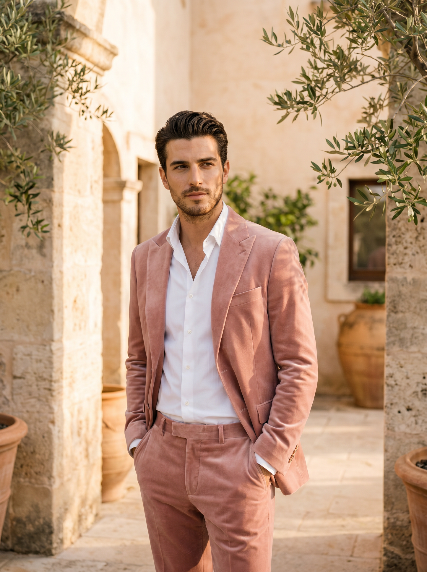 Blush Pink Velvet Suit — Custom Made to Measure - front view