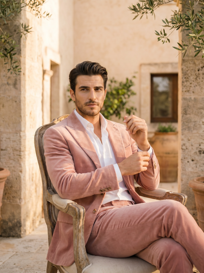 Blush Pink Velvet Suit — Custom Made to Measure - seated view