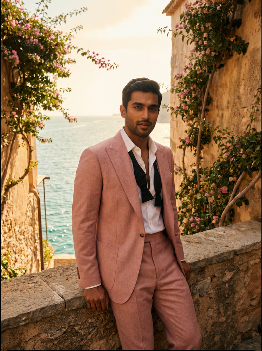 Blush Pink Wool Black Tie Suit — Custom Made to Measure - front view