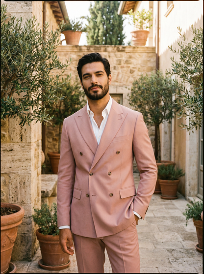 Blush Pink Wool Double Breasted Suit — Custom Made to Measure - front view