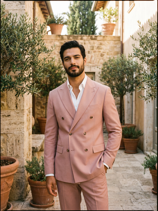 Blush Pink Wool Double Breasted Suit — Custom Made to Measure - front view