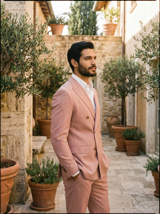 Blush Pink Wool Double Breasted Suit — Custom Made to Measure - side view