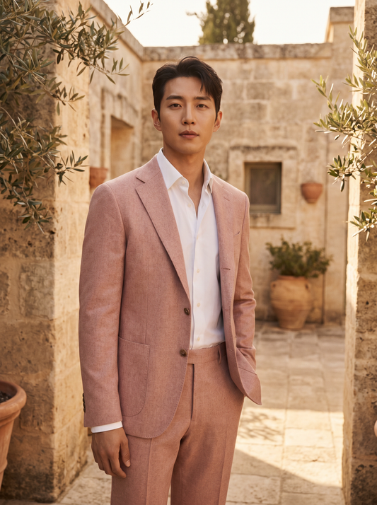 Blush Pink Wool Groomsmen Suit — Custom Made to Measure — Front View