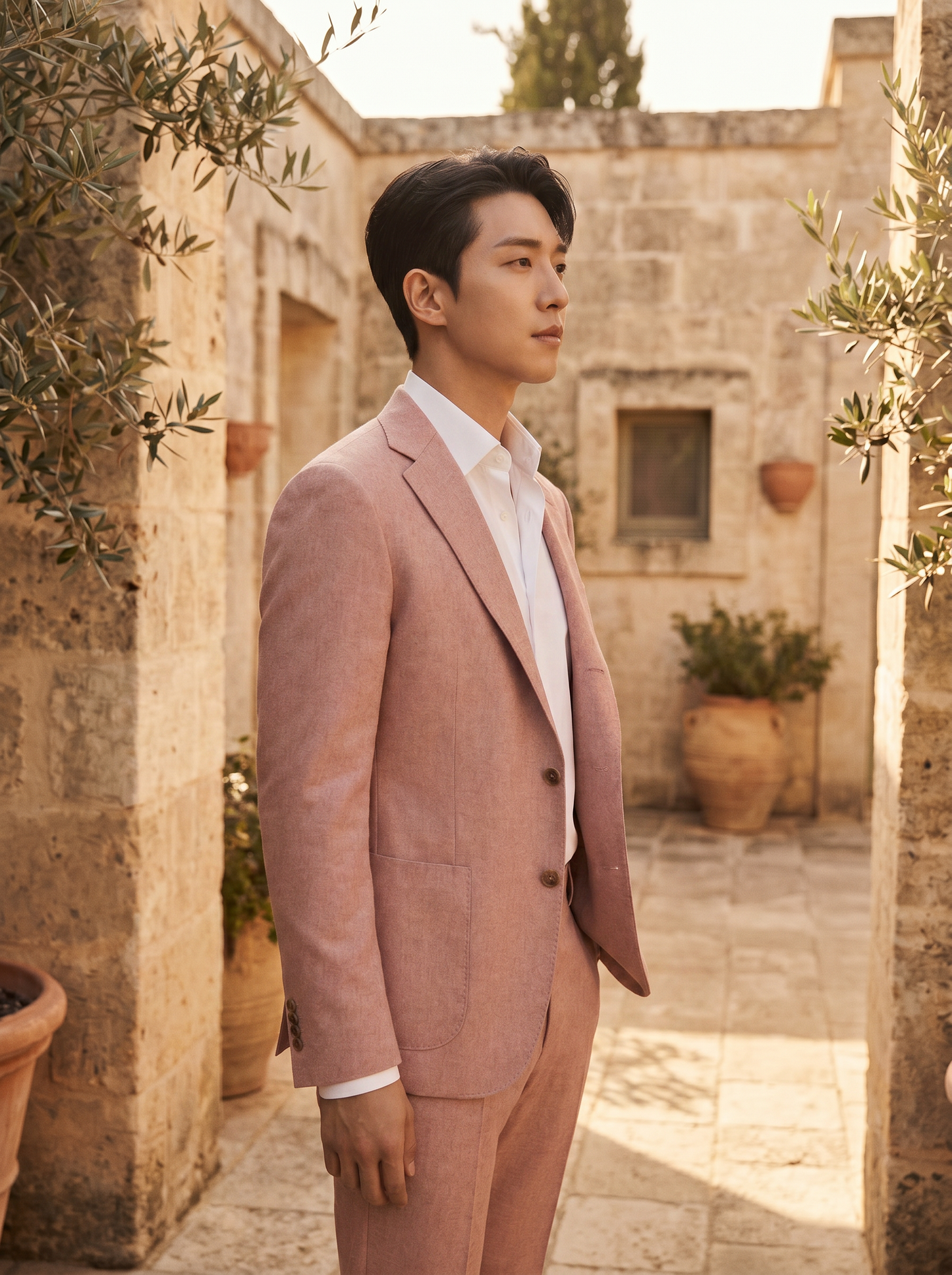 Blush Pink Wool Groomsmen Suit — Custom Made to Measure — Side View