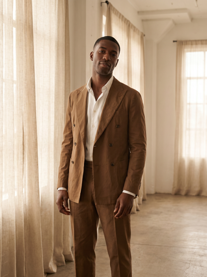 Brown Cotton Double Breasted Suit — Custom Made to Measure - front view