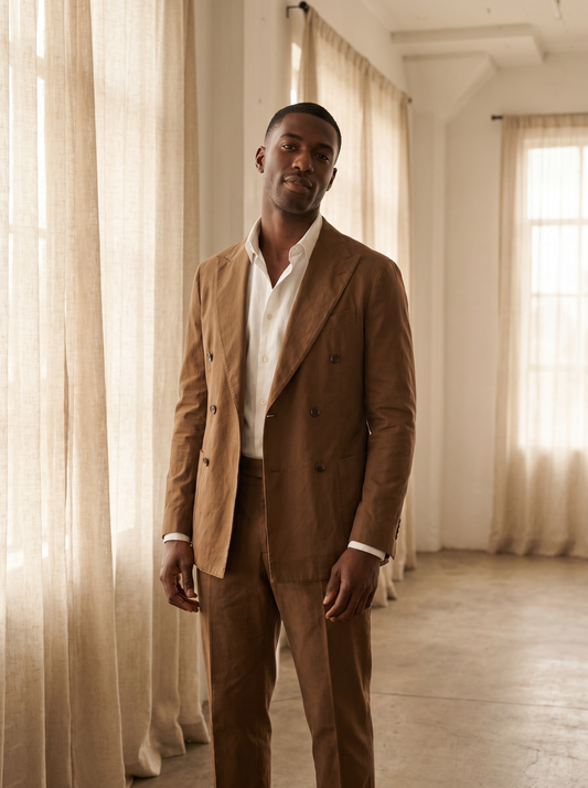 Brown Cotton Double Breasted Suit — Custom Made to Measure - front view