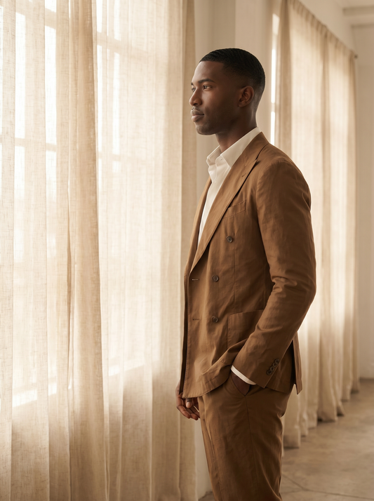 Brown Cotton Double Breasted Suit — Custom Made to Measure - side view