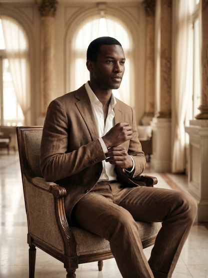 Brown Cotton Suit — Custom Made to Measure - seated view