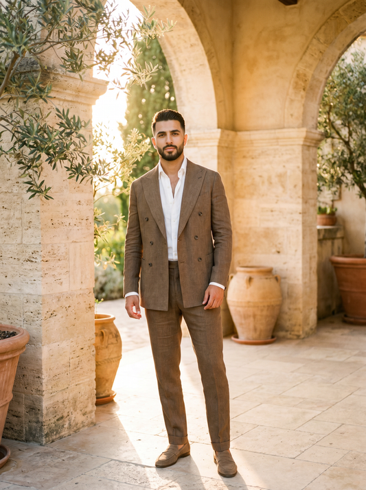 Brown Linen Double Breasted Suit — Custom Made to Measure - front view
