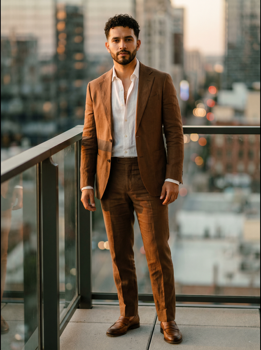Brown Linen Groomsmen Suit — Custom Made to Measure - front view