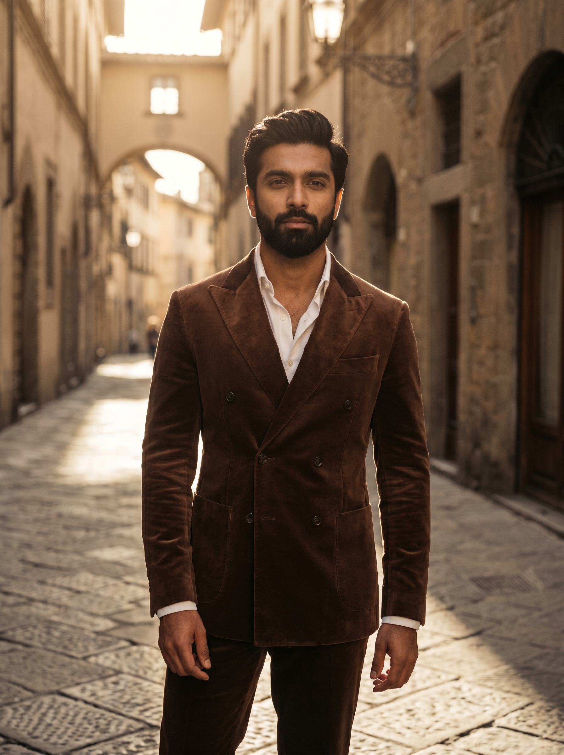Brown Velvet Double Breasted Suit — Custom Made to Measure - front view